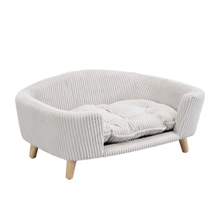 Elevated Dog Bed Frame for Small Dog, Corduroy Pet Couch Bed with Rubber Wood Legs and Supportive Foam, Beige, Easy Assembly Dweva