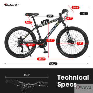 S24102 24 Inch Mountain Bike Boys Girls, Steel Frame, Shimano 21 Speed Mountain Bicycle with Daul Disc Brakes and Front Suspension MTB Dweva