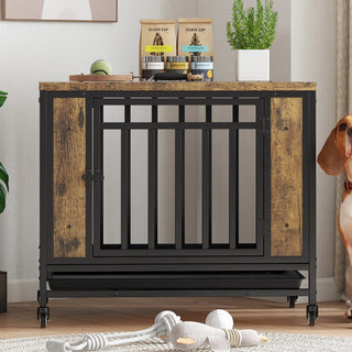 Dog House Furniture, Wooden Dog House Dining Table with Iron Door and Tray for Medium/Small Dogs Indoors, Vintage Wooden Color Dweva