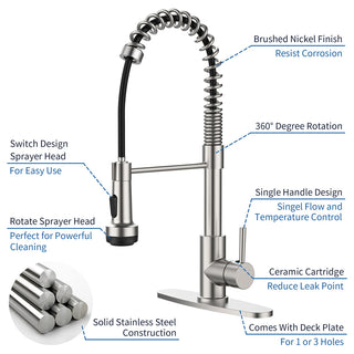 Kitchen Faucet with Pull Down Sprayer and 4 Spraying Modes Single Handle Commercial Spring Kitchen Sink Faucet Brushed Nickel 1 or 3 Hole Dweva