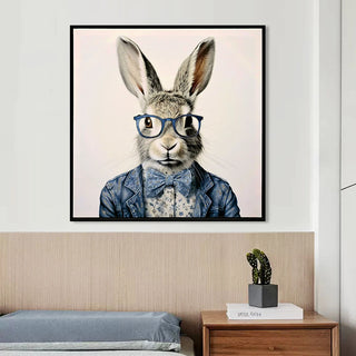 Gallery Wrapped Canvas Wall Art - Dapper Bunny in Tailored Cobalt Blue Suit, Modern Animal Portrait Framed Print for Lounge/Office Decor decorative picture painting Dweva