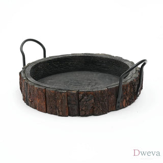 Cenecharl Handmade Round Mango Wood Decor & Serving Tray With Metal Handle-Black Dweva