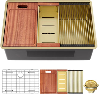 32 Gold Undermount Workstation Kitchen Sink-32 x 19 Inch 16 Gauge Stainless Steel Undermount Kitchen Sink Handmade R10 Radius 10 Inch Deep Undermount Single Bowl Sink with Custom Accessories Dweva