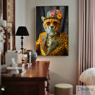 Abstract Art Wall Decor: Stylish Cheetah in Leopard Print Suit with Sunglasses and Hat Featuring Flower - Unique Modern Canvas Painting for Living Room, Bedroom, Office decorative picture Dweva
