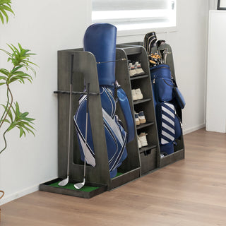 55.5''x16''x37''(LxWxH) Wooden Golf Bag Organizer and Storage Rack, High Quality Wooden 2 Golf Bag Rack with Drawers, Easy to Assemble Golf Club Holder/Stand with Club Holders on Side,Gray Dweva