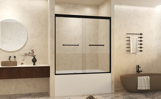 56-60" W × 60" H Tempered Glass with Explosion Proof Film, Aluminum Frame Double Sliding Shower Door, "1/4 (6 mm), Stainless Steel handle, Matte Black Dweva
