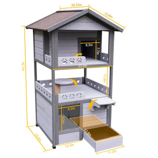 Three Story Outdoor Cat House with Balcony, Large Feral Villa Cat Shelter Weatherproof, 3 Story Outside Cat House for Multiple Cats Dweva