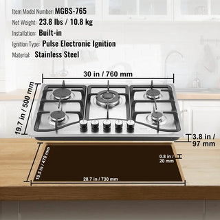 Gas Cooktop 30 inch, Max 12250BTU 5 Burners Built-in Stainless Steel Gas Stove Top, LPG/NG Convertible Dual Fuel Natural Gas Hob with Thermocouple Protection Dweva
