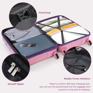 Luggage Sets 5 Piece, 20-inch with USB Port, ABS Durable Suitcase with Travel Bag, ABS+PC Hard Shell Luggage with Spinner Wheels, purple and pink Dweva