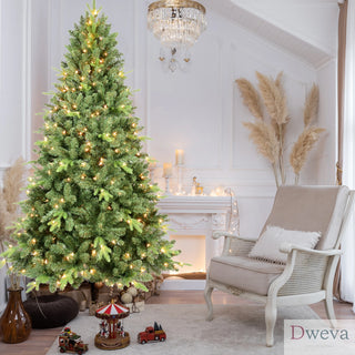 5FT Pre-Lit Christmas Tree with 300 UL Warm White Lights – Classic Green Tree with 967 PE+PVC Tips, Hinged Branches for Easy Setup, Sturdy Metal Stand, Realistic Full Look Dweva