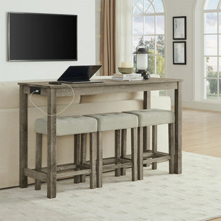 59 Inch Bar Table, Dining Table, Sofa Table with Power Outlet, 3 Upholstered Stools, 4 Piece Bar Table and Chair Set for Living Room, Dining Room, Kitchen Dweva