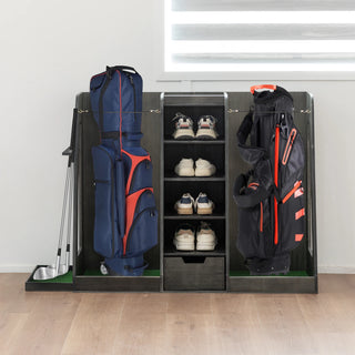 55.5''x16''x37''(LxWxH) Wooden Golf Bag Organizer and Storage Rack, High Quality Wooden 2 Golf Bag Rack with Drawers, Easy to Assemble Golf Club Holder/Stand with Club Holders on Side,Gray Dweva