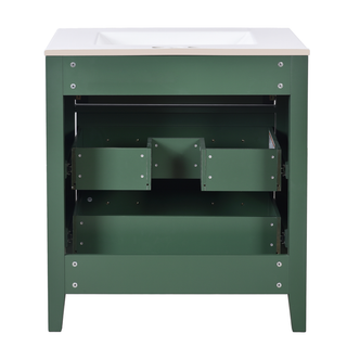 30'' Bathroom Vanity with Ceramic Sink Combo, Free Standing Single Vanity Set with 3 Drawers, Solid Wood Frame Bathroom Storage Cabinet, Green Dweva