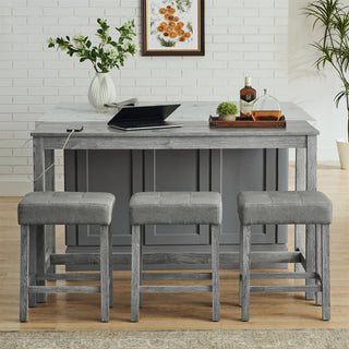59 Inch Bar Table, Dining Table, Sofa Table with Power Outlet, 3 Upholstered Stools, 4 Piece Bar Table and Chair Set for Living Room, Dining Room, Kitchen Dweva