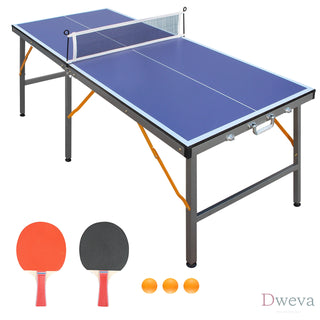 5ft Mid-Size Table Tennis Table Foldable & Portable Ping Pong Table Set for Indoor Games with Net, 2 Table Tennis Paddles and 3 Balls Dweva