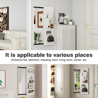 Wall Mounted Full Length Mirror, Full Body Mirror with Shelf, Full Body Mirror with Hook Wall Mounted Mirror with Multifunctional Design Panel, Bedroom/Living Room/Entrance White(47.6*15.7in) Dweva