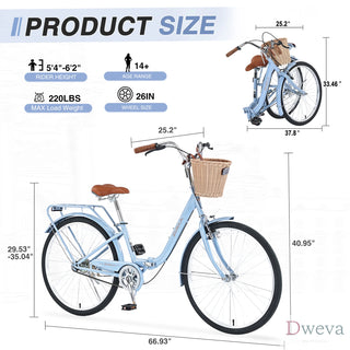 26 Inch Single Speed Folding Lady Bike , Durable Steel Frame,Compact Design for Easy Storage and Commuting Dweva