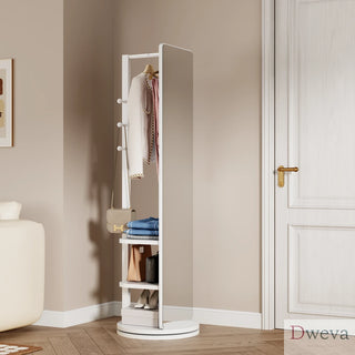 360° Rotating 69"x16" Multifunctional Full Length Mirror with Hook Storage Rack Coat Rack with Mirror Solid Wood Floor Mirror Bedroom Living Room Cloakroom Space Saving (white) Dweva
