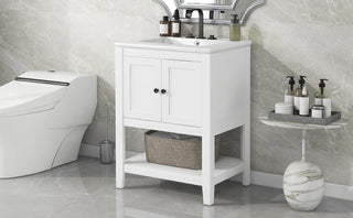 [VIDEO] 24" White Modern Sleek Bathroom Vanity Elegant Ceramic Sink with Solid Wood Frame Open Style Shelf Dweva