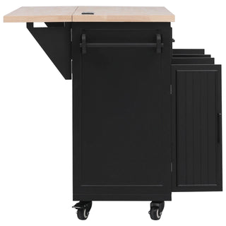 K&K 56.5'' Kitchen Island with Drop Leaf, Power Outlet, Embossed Vertical Stripe Rolling Kitchen Cart on Wheels with 4 Doors , 5 Deep Drawers and Adjustable Shelves, for Kitchen, Dining Room, Black Dweva