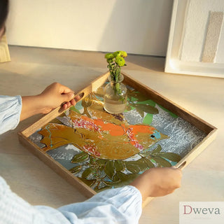 Petyon Handmade Wooden Square Bird Tray/Décor & Serving Tray - 14.5 X 14.5 X 1.5" Dweva