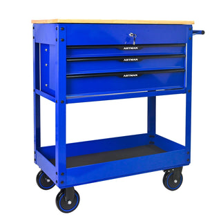 3 DRAWERS MULTIFUNCTIONAL TOOL CART WITH WHEELS AND WOODEN TOP-Blue Dweva
