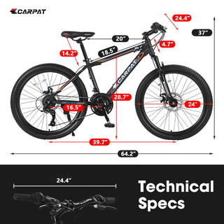 S24102 24 Inch Mountain Bike Boys Girls, Steel Frame, Shimano 21 Speed Mountain Bicycle with Daul Disc Brakes and Front Suspension MTB Dweva