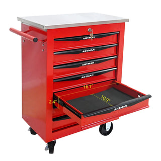 7 Drawers Multifunctional Tool Cart with Wheels,Metal Rolling Tool Cart Storage for Garage Workshop Warehouse Repair Shop--With Stainless Steel Roof- Red&Black Dweva