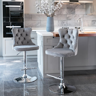 Swivel Velvet Barstools Adjusatble Seat Height from 25-33 Inch, Chrome base Bar Stools with Backs Comfortable Tufted for Home Pub and Kitchen Island,Set of 2, AS1712GY, Gray Dweva