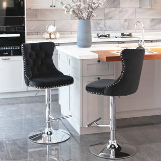 Swivel Velvet Barstools Adjusatble Seat Height from 25-33 Inch, Chrome base Bar Stools with Backs Comfortable Tufted for Home Pub and Kitchen Island,Set of 2,AS1712BK,Black Dweva