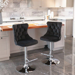 Swivel Velvet Barstools Adjusatble Seat Height from 25-33 Inch, Chrome base Bar Stools with Backs Comfortable Tufted for Home Pub and Kitchen Island,Set of 2,AS1712BK,Black Dweva