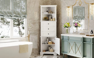 White Triangle Tall Cabinet with 3 Drawers and Adjustable Shelves for Bathroom, Kitchen or Living Room, MDF Board with Painted Finish(Old SKU:WF298150AAK) Dweva