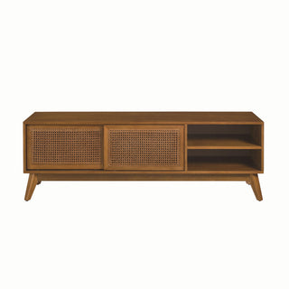 59 Inch Mid Century Modern Rattan TV Stand for 65 Inch TV, Entertainment Cabinet, Media Console for Living Room Media Room, Solid Wood Feet & Rattan Cabinet Doors - Light Wood