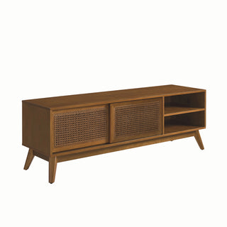 59 Inch Mid Century Modern Rattan TV Stand for 65 Inch TV, Entertainment Cabinet, Media Console for Living Room Media Room, Solid Wood Feet & Rattan Cabinet Doors - Light Wood