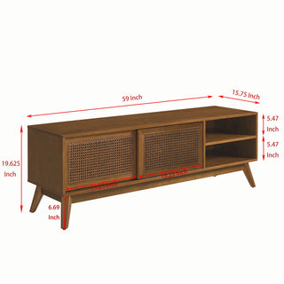 59 Inch Mid Century Modern Rattan TV Stand for 65 Inch TV, Entertainment Cabinet, Media Console for Living Room Media Room, Solid Wood Feet & Rattan Cabinet Doors - Light Wood