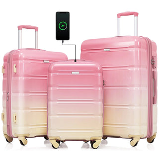 Luggage Set of 3, 20-inch with USB Port, Airline Certified Carry-on Luggage , ABS+PC Hard Shell Luggage with Spinner Wheels,pink Dweva