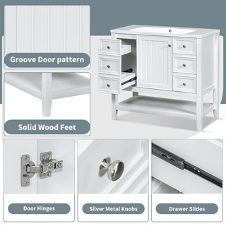 36" Bathroom Vanity with Sink, One Cabinet and Three Drawers, Solid Wood and MDF Board, White (Old Sku:SY999505AAK-6)