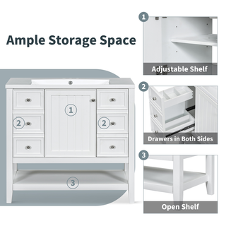 36" Bathroom Vanity with Sink, One Cabinet and Three Drawers, Solid Wood and MDF Board, White (Old Sku:SY999505AAK-6)