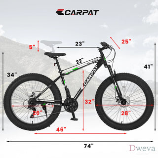 S26109 Elecony 26 Inch Fat Tire Bike Adult/Youth Full Shimano 21 Speed Mountain Bike, Dual Disc Brake, High-Carbon Steel Frame, Front Suspension, Mountain Trail Bike, Urban Commuter City Bicycle Dweva