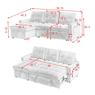 MH 78.75" Reclining Sofa, Pull-Out Sofa Bed with USB and tape-c charging ports, L-Shaped Sectional Sofa with Reclining Storage and Arm Side Organizer Pocket Features, Living Room Comfort Sofa Dweva