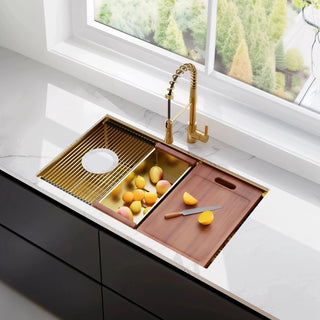 32 Gold Undermount Workstation Kitchen Sink-32 x 19 Inch 16 Gauge Stainless Steel Undermount Kitchen Sink Handmade R10 Radius 10 Inch Deep Undermount Single Bowl Sink with Custom Accessories Dweva