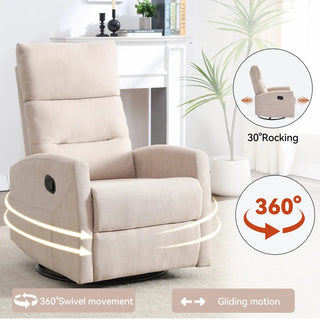 Manual Recliner Chair with Rocker and Swivel in Fabric for Living Room, Beige Dweva