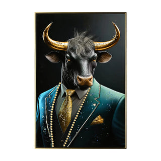 Executive Blue Buffalo Canvas Wall Art - Dapper Animal Portrait in Tailored Suit Modern British Humour Home Decor Premium Gallery Wrapped Artwork for Office Lounge Study Room decorative picture Dweva