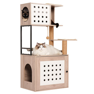 Cat Tree with Litter Box Enclosure, All-in-one Cat Tower for Indoor Cats with Large Hammock, Bed, Food Station, Scratching Posts, Modern Style Pet Furniture, Gray+white Dweva