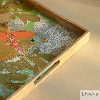 Petyon Handmade Wooden Square Bird Tray/Décor & Serving Tray - 14.5 X 14.5 X 1.5" Dweva