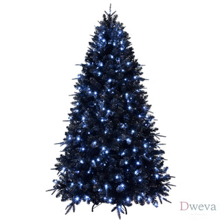 7.5ft Black Christmas Tree with 500 White LED Lights, 2156 Tips PE+PVC Artificial Tree for Halloween & Holiday Decor, Hinged Structure with Stable Metal Stand Dweva