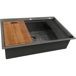 33 Inch Gunmetal Black Drop in Workstation kithchen Sink -33 "x 22" 16 Gauge Topmount Drop in Single Bowl Stainless Steel Kitchen Sink with Accessories Dweva