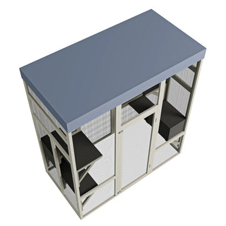 62.6" Outdoor Wooden Catio for Cats, Large Cat Enclosure with Waterproof Roof, 2 Cat Houses & Platforms, Secure Rust-Proof Wire Pet Cage for Patio or Backyard Dweva