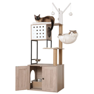 Cat Tree with Litter Box Enclosure - Modern Cat Condo with Scratching Posts, Feeding Bowl & Removable Pompom Sticks, Gray Dweva