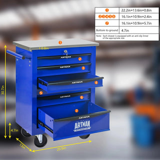 6 Drawers Multifunctional Tool Cart with Wheels,Metal Rolling Tool Cart Storage for Garage Workshop Warehouse Repair Shop--With Stainless Steel Roof- BLACK&BLUE Dweva